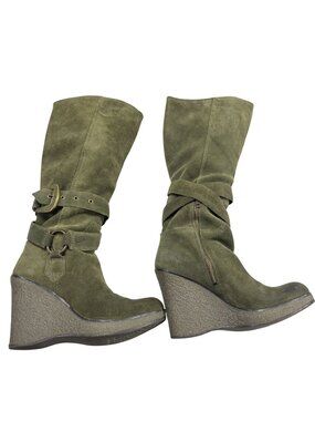 Nine West Green Suede Wedge Boots Womens Size 8.5M With Buckle & Zipper Closure